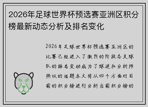 2026年足球世界杯预选赛亚洲区积分榜最新动态分析及排名变化