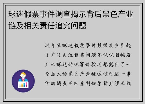 球迷假票事件调查揭示背后黑色产业链及相关责任追究问题