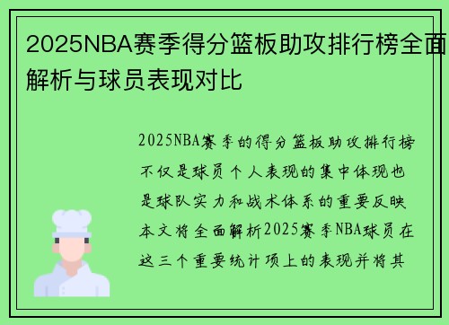 2025NBA赛季得分篮板助攻排行榜全面解析与球员表现对比 2025NBA赛季得分篮板助攻排行榜全面解析与球员表现对比