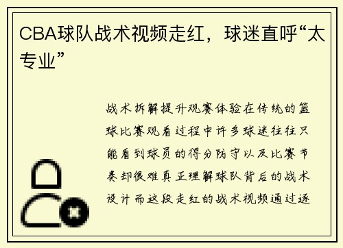 CBA球队战术视频走红，球迷直呼“太专业”